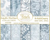 Dusty Blue Floral Digital Paper: Light Blue Botanical Scrapbook Backgrounds (12x12 and 8.5x11 JPEG)