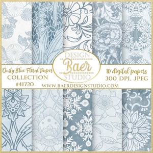 Digital Paper Flowers, Botanical Digital Paper, Dusty Blue Floral Digital Paper,  Gray and Blue Flower Paper, Blue Ephemera digital paper