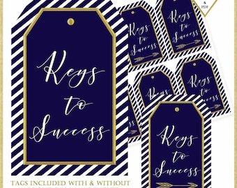 Navy Blue and Gold Keys to Success Printable Tags, Retirement Party Tag, Graduation Advice Cards, 50th Anniversary Advice Tags, #42817