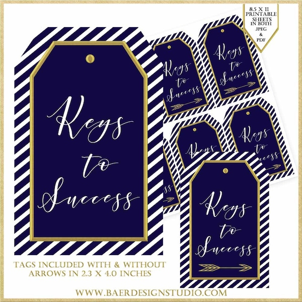 Navy Blue and Gold Keys to Success Printable Tags, Retirement Party Tag, Graduation Advice Cards, 50th Anniversary Advice Tags, #42817