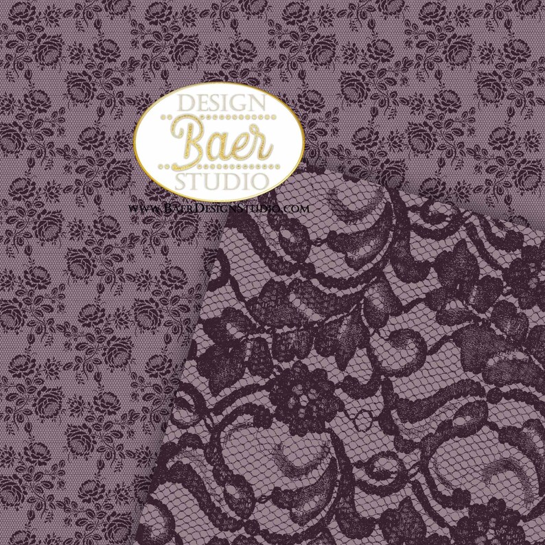 K&ouml;nnte beinhalten: Ein violettes und schwarzes Spitzenmuster mit dem Text "DESIGN Baer STUDIO www.BAERDESIGNSTUDIO.COM"