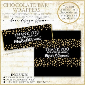Hershey Bar Wrapper:Retirement Chocolate Bar Wrappers, Printable Chocolate Bar Wrapper Retirement, Personalized Black and Gold, 62721