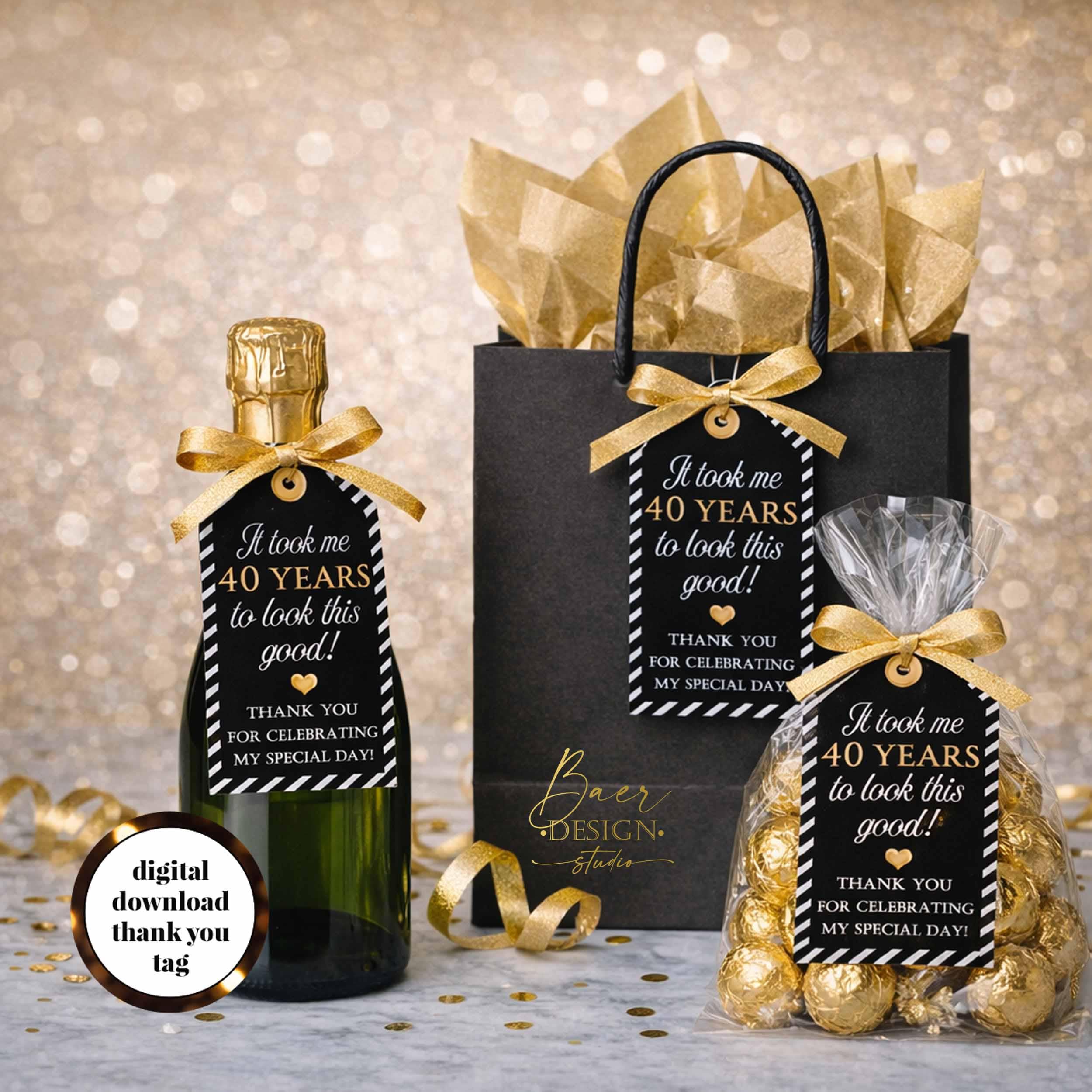 40th Birthday Thank You Tags: Black and Gold Party Favors (digital