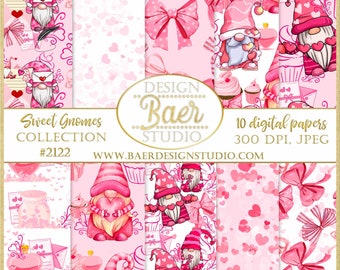 Valentine Gnome Digital Paper Pack, Cutsie Bows and Hearts (Digital Download)
