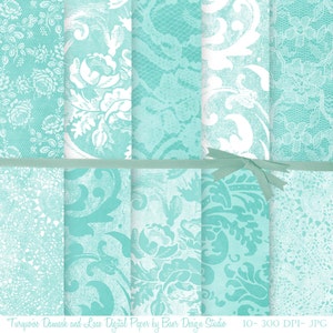 SHABBY CHIC Digital PAPER:Teal damask digital paper, Turquoise Lace Digital Paper, Teal junk journal background paper