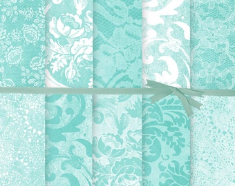 SHABBY CHIC Digital PAPER:Teal damask digital paper, Turquoise Lace Digital Paper, Teal junk journal background paper