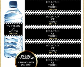 Printable Water bottle Label:Fountain of Youth Water bottle Label, Black and Gold Water bottle Label, Water Bottle sticker, #12119