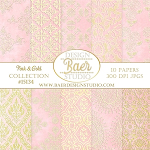 Pink and Gold DIgital Background:Pink and Gold Digital Paper, Pink and Gold Damask Digital Paper, Pink Gold Digital Paper, Pink Patterns