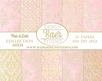 May include: A set of 10 digital papers featuring pink and gold damask patterns. The papers are 300 DPI JPGs.  DESIGN Baer STUDIO WWW.BAERDESIGNSTUDIO.COM