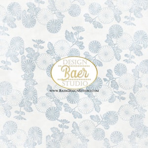 May include: A seamless pattern featuring a light blue floral design on a white background. The pattern includes stylized chrysanthemum flowers and leaves. The text "DESIGN Baer STUDIO www.BAERDESIGNSTUDIO.COM" is centered at the bottom of the image.