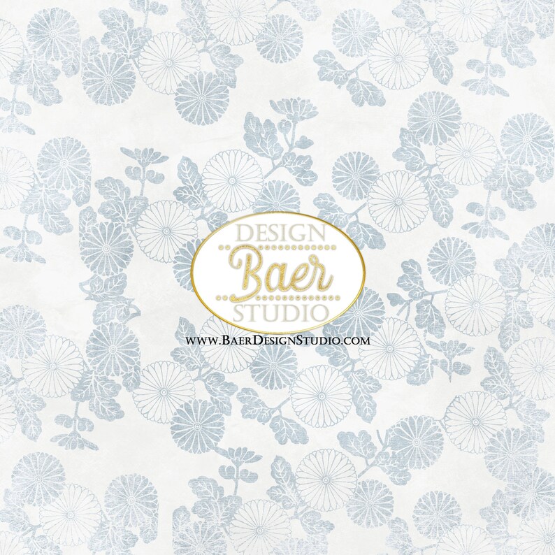 May include: A seamless pattern featuring a light blue floral design on a white background. The pattern includes stylized chrysanthemum flowers and leaves. The text "DESIGN Baer STUDIO www.BAERDESIGNSTUDIO.COM" is centered at the bottom of the image.