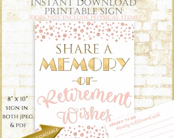 Rose Gold Share a Memory or Retirement Wishes Sign and matching Retirement Wishes Card, Pink and Gold Write a Memory Sign PRINTABLE 8x10”