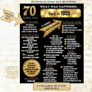 1956 70th Birthday Sign, Black Gold Wall Art, Pop Culture History (Digital Download)