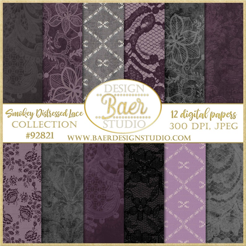 K&ouml;nnte beinhalten: Ein digitales Papierpaket mit 12 verschiedenen Designs mit verwitterten Spitzenmustern in den Farben Lila, Grau und Schwarz. Der Text "Smokey Distressed Lace Collection #92821" und "DESIGN Baer STUDIO WWW.BAERDESIGNSTUDIO.COM" ist im Bild enthalten.