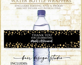 Custom Water bottle Labels: Black and Gold Water Bottle Labels, Retirement Water Bottle Labels, Personalized Water bottle Labels, 62821