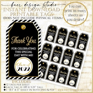 Graduierung Danke Tags, schwarz und Gold bedruckbare Graduierung Tags, sofortiger Download Graduierung Mitbringsel Tags, Graduierung 2025, 11118