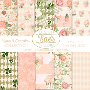 Pinkes Digitales Papier, Rosen Digitales Papier, Rosa und Elfenbeinfarbenes Hintergrundpapier, Goldenes Harlekin Digitales Papier, Rosa Cupcake Muster Digitales Papier