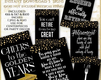Retirement Party Decorations:Printable Retirement Quote Sign for centerpieces, Black and Gold Retirement Party Decor, Retirement Cards 62521