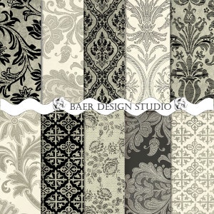 Black and Ivory Damask Digital Paper, Steampunk Digital Papers, Gothic Halloween Digital Paper, Ivory Distressed Backgrounds