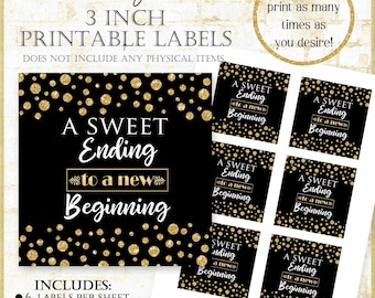 A Sweet Ending to a New Beginnning Label|3 inch Printable Label|Black and Gold Party Favor Digital Sticker|Graduation Treat Bag Label 2924