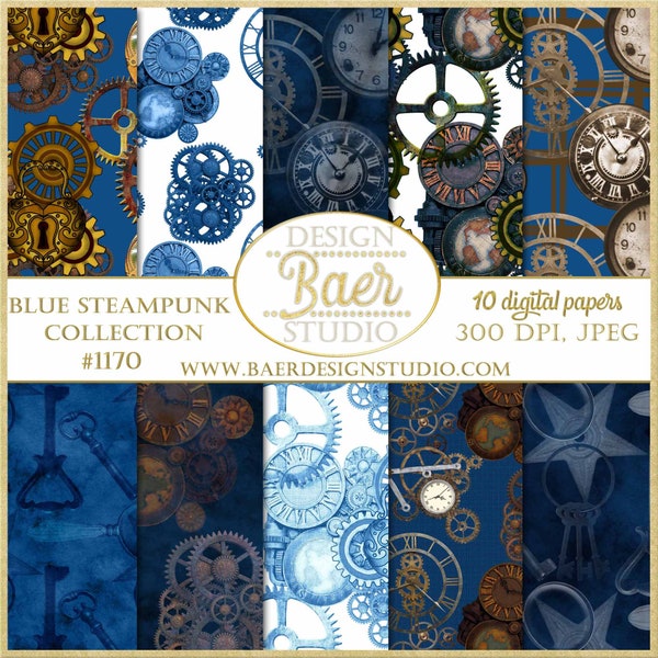 Klassisch Blaues Digitales Papier, Digitales Papier Vintage, Antike Uhr Digitales Papier, Steampunk Seamless Papier, Blaues Ephemera digitales Papier