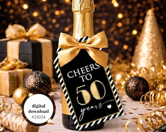 50th Birthday Favor Tags: Black and Gold Wine Tag (Printable)