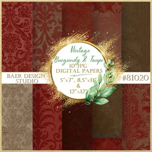Carta digitale damascata bordeaux e talpa, carta da disegno stampabile bordeaux, carta digitale autunnale, carta digitale vintage, carta per diario spazzatura