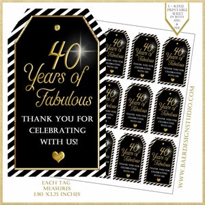 Thank You Tags, 40 Years of Fabulous Party favor tags, Black and Gold Printable Tags, 40th Party Favor Tag