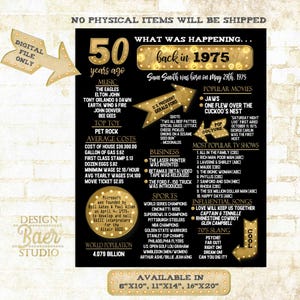 Póster del 50.º aniversario, póster digital de 1975, póster de lo que sucedió en 1975, póster imprimible del 50.º aniversario en negro y dorado