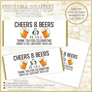 White Cheers and Beers Birthday Candy Bar Wrappers: Personalized Printable (Digital Download)