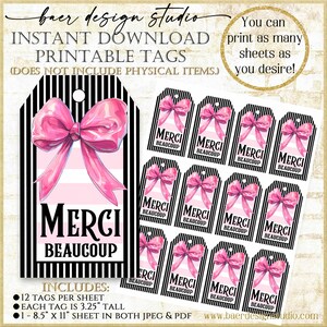 Etiquettes cadeaux Merci Beaucoup à imprimer, rose pâle et noir, étiquettes cadeaux pour mini bouteilles de vin, mini bouteille de champagne, étiquette de remerciement