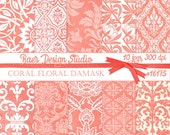 Coral Damask Digital Paper, Floral Scrapbook Design (Digital Download)