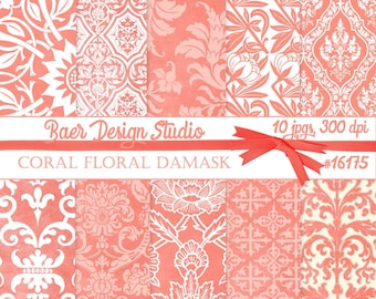 Coral Damask Digital Paper, Floral Scrapbook Design (Digital Download)