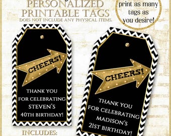 Personalized Black and Gold Cheers to Tags: Marquee Party Favor (Digital Download)