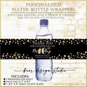 Black and Gold Birthday Water Bottle Labels: Personalized Printable (Digital Download)