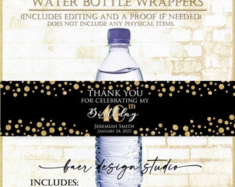 Black and Gold Water bottle Labels:Personalized Waterbottle Label, Printable Waterbottle Label Birthday, Custom Water Bottle Wrapper, 12209