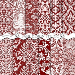 Valentine&#39;s Day Digital paper download, Deep Red Damask Digital Paper Pack, Digital Scrapbook Paper, Digital Journal Paper