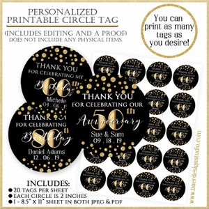 Etiqueta de agradecimento para impressão, imagens para impressão de 2 polegadas, etiquetas de aniversário, etiqueta de círculo preto e dourado, etiqueta de 50º aniversário, etiqueta de aniversário, 31019