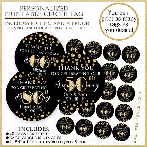 Personalized Black and Gold Thank You Tag: Birthday, Anniversary (Digital Download)
