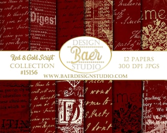 Valentine's Day Sale|Deep Red and Gold Script Digital Paper|Burgundy Script Digital Paper|Red and Gold Junk Journal PaperValentine’s Day
