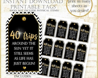 40th Birthday Thank You Tags, 40 Trips around the sun Black and Gold Party Favor tag, 40th Party Favor Tag Printable, Digital Tag #22624