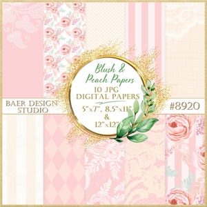 Blush Floral Digital Paper, Pink Chintz Digital Paper Printable, Pink Blush Roses Design Paper, Peach Lace Digital Paper, Striped Pink Paper