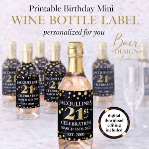 Personalized Black and Gold Mini Wine Bottle Labels (2.3x2.9" Label Printable)