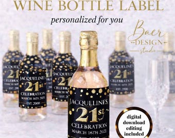 Personalized Black and Gold Mini Wine Bottle Labels (2.3x2.9" Label Printable)