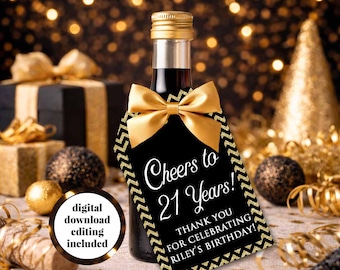 Cheers Mini Liquor Bottle Tag: Black and Gold Party Favor (Printable Tag)