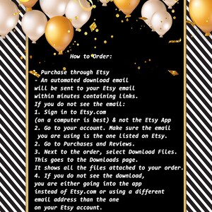 May include: Black and white striped background with a black rectangle containing instructions on how to download digital files purchased on Etsy. The text reads: "How to Order: Purchase through Etsy - An automated download email will be sent to your Etsy email within minutes containing links. If you do not see the email: 1. Sign in to Etsy.com (on a computer is best) & not the Etsy App 2. Go to your account. Make sure the email you are using is the one listed on Etsy. 2. Go to Purchases and Reviews. 3. Next to the order, select Download Files. This goes to the Downloads page. It shows all the files attached to your order. 4. If you do not see the download, you are either going into the app instead of Etsy.com or using a different email address than the one on your Etsy account."