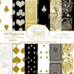 Gouden vintage speelkaarten digitale achtergrond afdrukbare items: zilver en zwarte kaarten Casino Night digitaal papier, Queen of Hearts digitaal papier