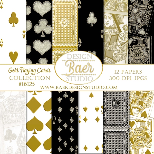 Gold Vintage Playing Cards Digital Background Printables:Silver and Black Cards Casino Night Digital Paper, Queen of Hearts Digital Paper