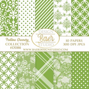 Op de afbeelding: Een verzameling van tien digitale papieren in groen en wit. De papieren bevatten verschillende patronen, waaronder stippen, strepen, bloemenkant en geometrische ontwerpen. De tekst op de afbeelding luidt "Pantone Greenery Collection #12086" en "Baer Design Studio".