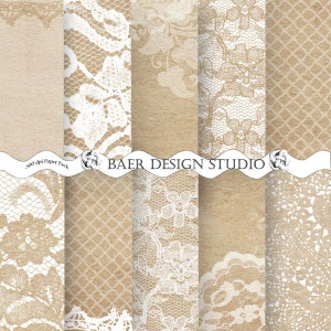 Papel de encaje blanco sobre fondo digital Kraft, papel digital vintage, papel digital de boda rústico beige, papel digital Cottagecore